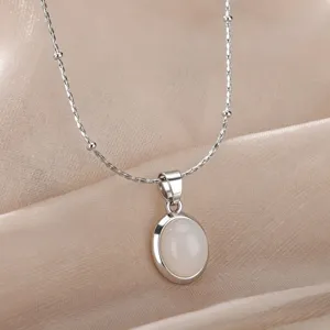 Minimalist stainless steel oval white cat eye pendant clavicle necklace delicate jewelry
