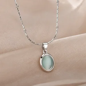 Minimalist 304 Stainless Steel Oval Cat's Eye Pendant Necklace Women Light Luxury Clavicle Satellite Bead Chain Jewelry