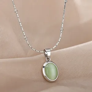 Elegant oval cat's eye stone pendant necklace with silver tone chain for women jewelry gifts