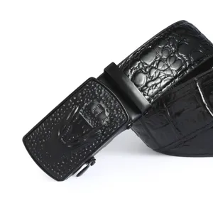 Mens black leather belt with crocodile pattern and stylish automatic buckle for business.