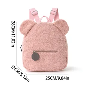 Kids pink fluffy bear ear backpack cute plush school bag with zipper pocket style