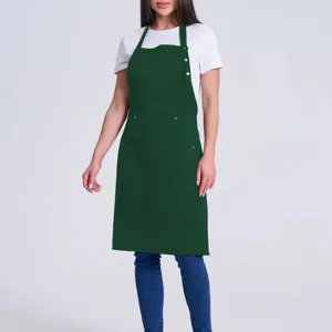Dark green kitchen apron with adjustable neck strap and front pockets for home and work use