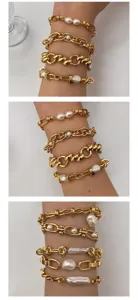 Chunky gold chain bracelet set featuring natural freshwater pearls for women jewelry
