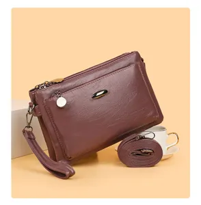 Multi-layer PU leather crossbody shoulder bag detail featuring detachable strap options.