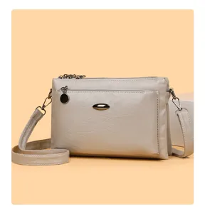 Casual multi-layer PU leather crossbody shoulder bag detail view, simple solid design.