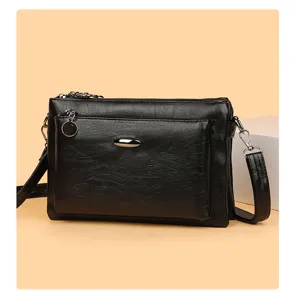 Black multi-layer PU leather crossbody bag, casual vintage shoulder bag for daily fashion use.