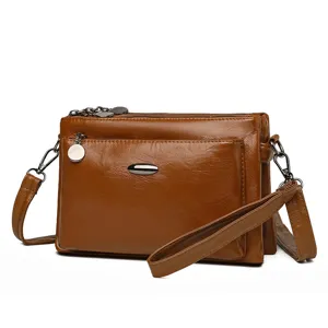 Retro PU leather multi-layer casual shoulder crossbody bag for women solid color stylish