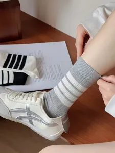 Women grey white striped socks Japanese college style mid-calf socks spring summer daily wear