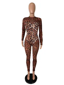 Full-length studio view of a sexy leopard print mesh long-sleeve bodysuit on mannequin