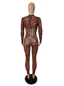 Detailed back view of a sexy leopard print sheer mesh jumpsuit with slim fit design