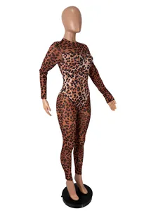 Detailed side view of a sexy leopard print mesh long sleeve slim fit jumpsuit for women