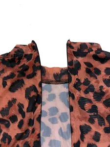 Detailed macro view of leopard print mesh jumpsuit neckline with back zipper closure
