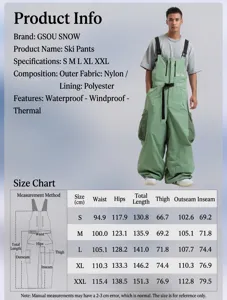 Tableau des tailles pour pantalon de ski à bretelles imperméable et coupe-vent