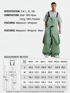 Size chart for waterproof windproof ski bib pants with oversized pockets