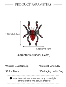 Detailed view of punk gothic spider ring with red rhinestones and measurements