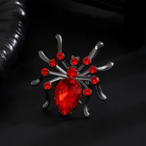 Macro view of a gothic spider ring featuring vibrant red rhinestones and polished black metal