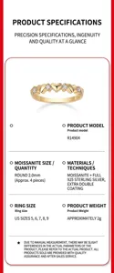 Product specification sheet for gold plated S925 silver heart ring with moissanite.