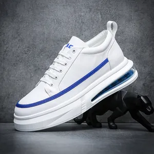 Men's Fashion Air Cushion Skate Shoes White Color Block Casual Sneakers Microfiber Leather Soft Sole Breathable Athletic Shoes