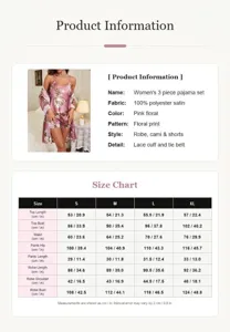 Detailed size chart and product specifications for women's 3-piece pajama set