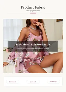 Detail showing pink floral polyester satin pajama set with delicate white lace trim