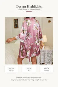 Detailed look at pink floral satin robe from a 3-piece coordinated sleepwear set