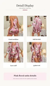 Detail views of pink floral satin 3-piece pajama set with lace cuffs and tie belt.