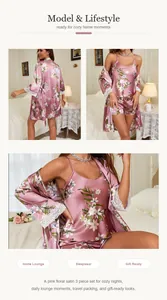 Detailed view of pink floral satin 3-piece pajama set with elegant lace trim