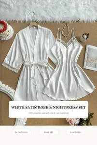 Detail of luxurious white satin robe and cami nightdress set with delicate lace.