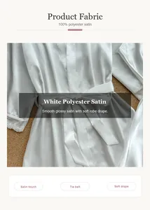Detailed close-up of a white polyester satin robe with soft drape and matching tie belt