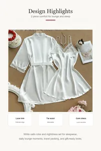 Detail view of white satin robe and nightdress set featuring delicate lace trim