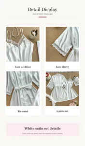 Close-up views of lace neckline, sleeves and tie waist of white satin pajamas set