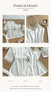 Detailed close-up of white satin robe and lace nightdress set for cozy home lounging