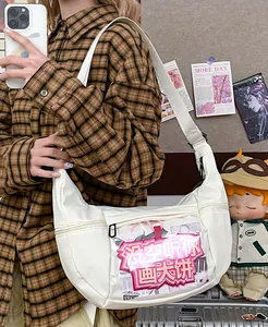 Bolso bandolera de lona blanca estilo japonés con ventana transparente para pines