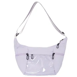 Bolso ita lila en forma de medialuna con ventana transparente y correa