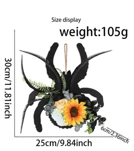 Halloween spinnenkrans met kunstbloemen die de exacte afmetingen voor decor toont
