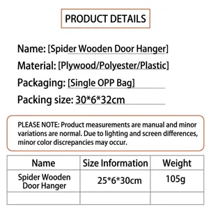 Specificaties van Halloween spin houten deurhanger met afmetingen en gewicht.