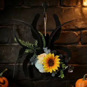 Halloween Spin Krans Met Zonnebloem En Kunstbloemen Gotische Zwarte Spin Hangende Decoratie Voor Deur Muur Huis Feest Versiering
