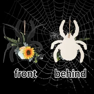 Halloween spinnenkrans decoratie met kunstmatige zonnebloemen, voor- en achteraanzicht