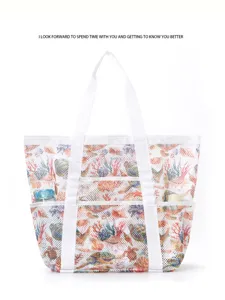 Large mesh beach bag with multi-pockets and coral print, perfect for summer travel use.