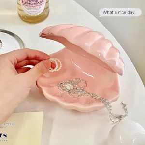 Pink ceramic shell jewelry box desktop storage tray aesthetic room decor gift trinket