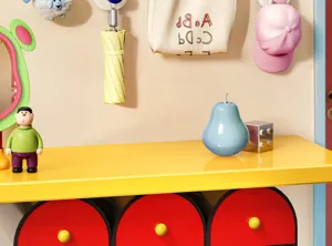Gedetailleerd overzicht van dopamine stijl hal wandhaak en opbergplank, decor.