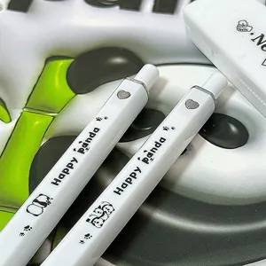 Close-up of white retractable gel pens featuring cute panda prints and Happy Panda text detail.
