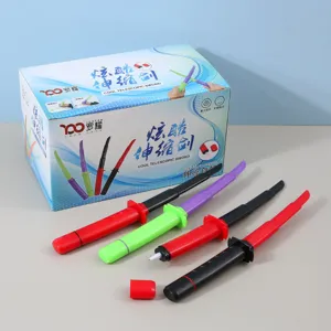 Detailed view of creative samurai sword novelty gel pens with colorful retractable designs.