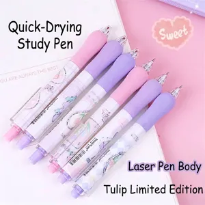 Close-up of tulip pattern retractable gel pens in pastel purple and soft pink colors