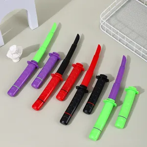 Novelty samurai sword gel pen detail view showing colorful retractable blade design.