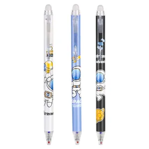 Erasable gel pen set with cute astronaut design, smooth writing 0.5mm black blue ink for school.
