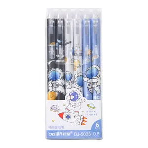 Boxed 6pcs erasable gel pens set with cute astronaut space design 0.5mm tip writing tools.