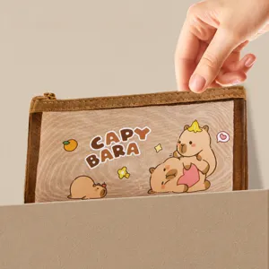 Mignonne trousse à crayons en résille transparente Capybara grande capacité sac de stock