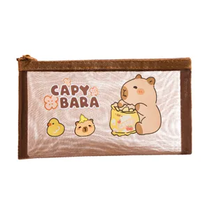 Jolie trousse à crayons transparente en résille capybara grand stock de papeterie mignonne