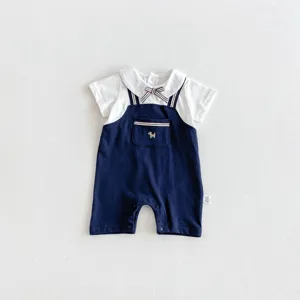 Baby boy summer romper short sleeve fake two-piece overall infant cute crawler outfit
